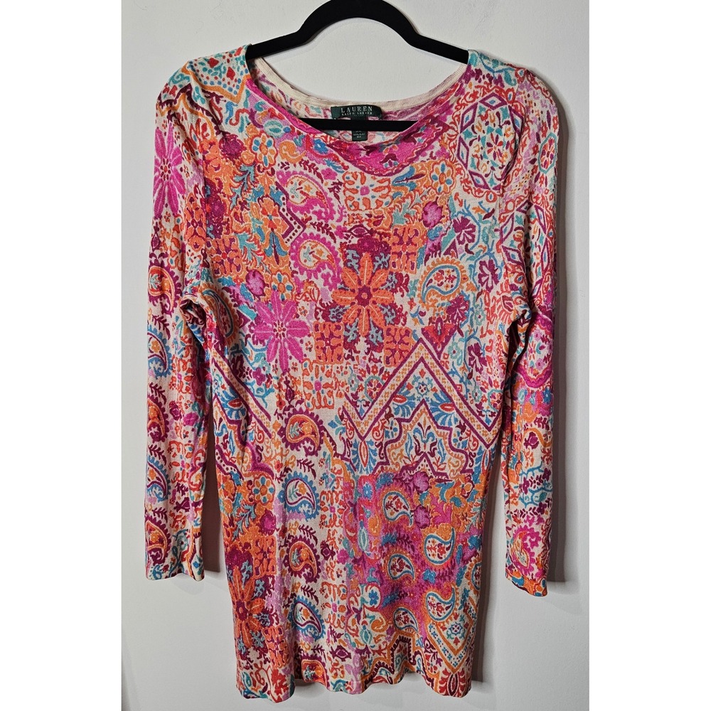 Lauren Ralph Lauren Womens L 100% Silk Paisley Knit Tunic Top Pink Orange Blue